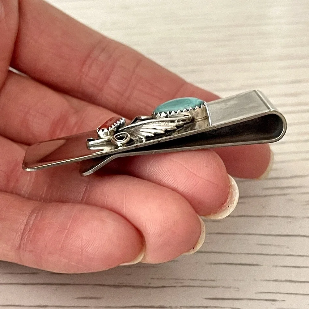 Navajo Money Clip Turquoise‎ Red Coral Silver 2in Mens Gift Handmade Native Amer